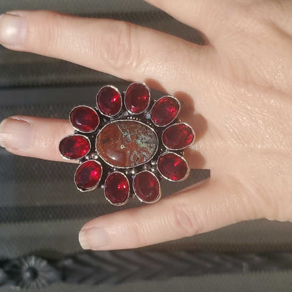 New Oversized Seam Agate and Garnet 925 Silver Statement Ring. - Picture 12 of 16